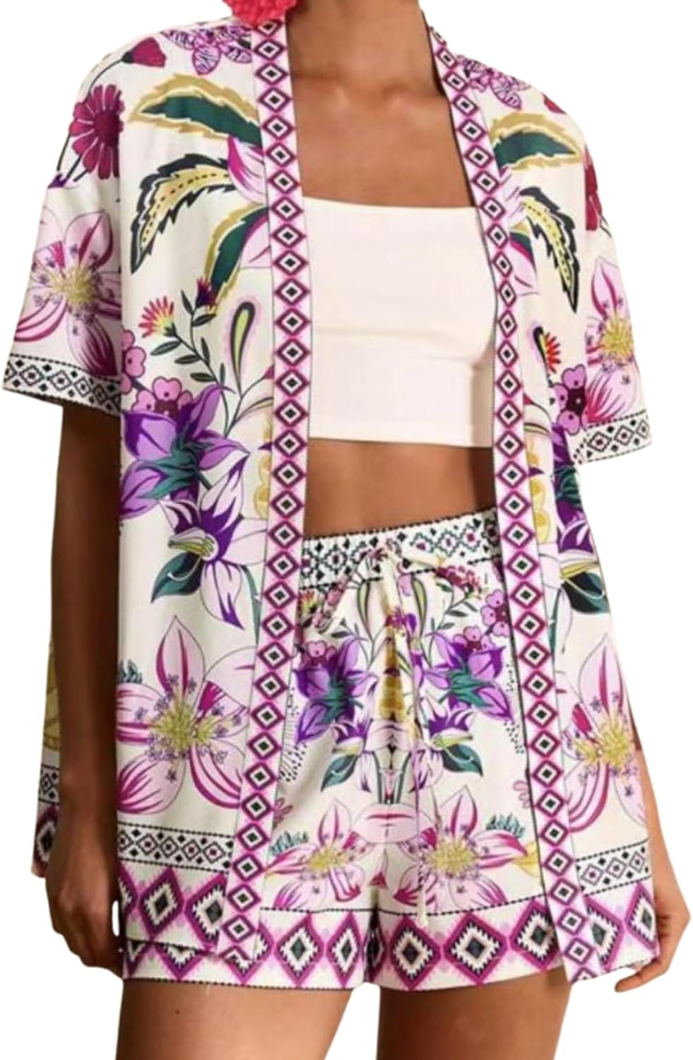 Women Boho Tropical Print Beach Cover Up Shorts Set 2 Piece Summer Lounge Outfit Lightweight Swimwear Matching Outfit 01purple X-Large
