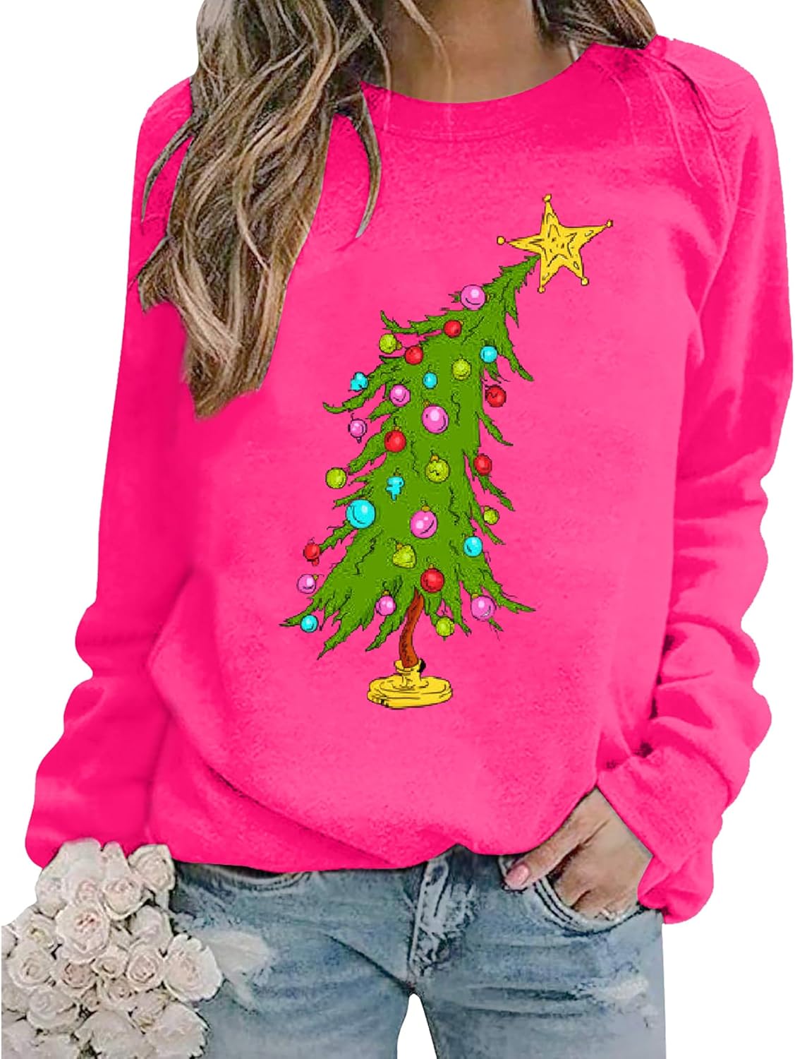 Christmas Sweatshirts for Women Cute Christmas Tree Graphic Long Sleeve Shirt Xmas Holiday Party Pullover Blouse Rose Large