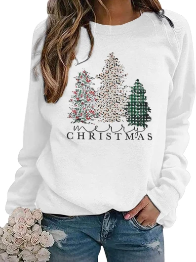 Merry Christmas Sweatshirt for Women Plaid Holiday Long Sleeve Tree Pullover Lightweight Shirt Small White