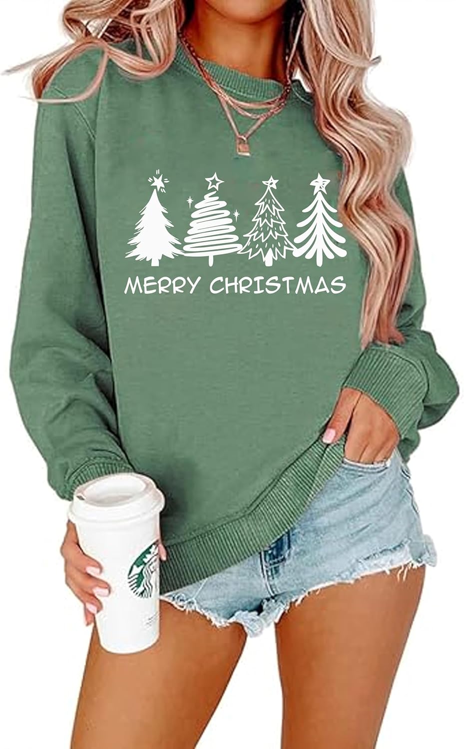 Womens Christmas Sweatshirt Christmas Tree Graphic Long Sleeve Shirts Xmas Holiday Pullover Tops Blouse Green Large