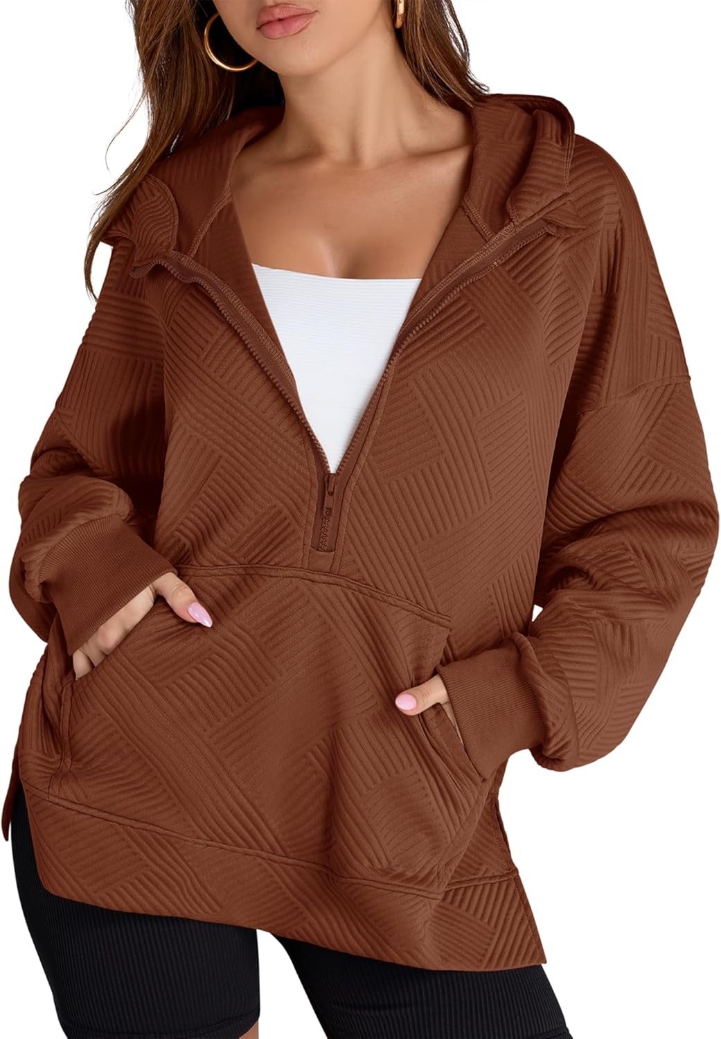 Womens Oversized Half Zip Hoodies Long Sleeve Textured Casual Sweatshirts Loose Fall Pullover Tops with Pockets Coffee Large