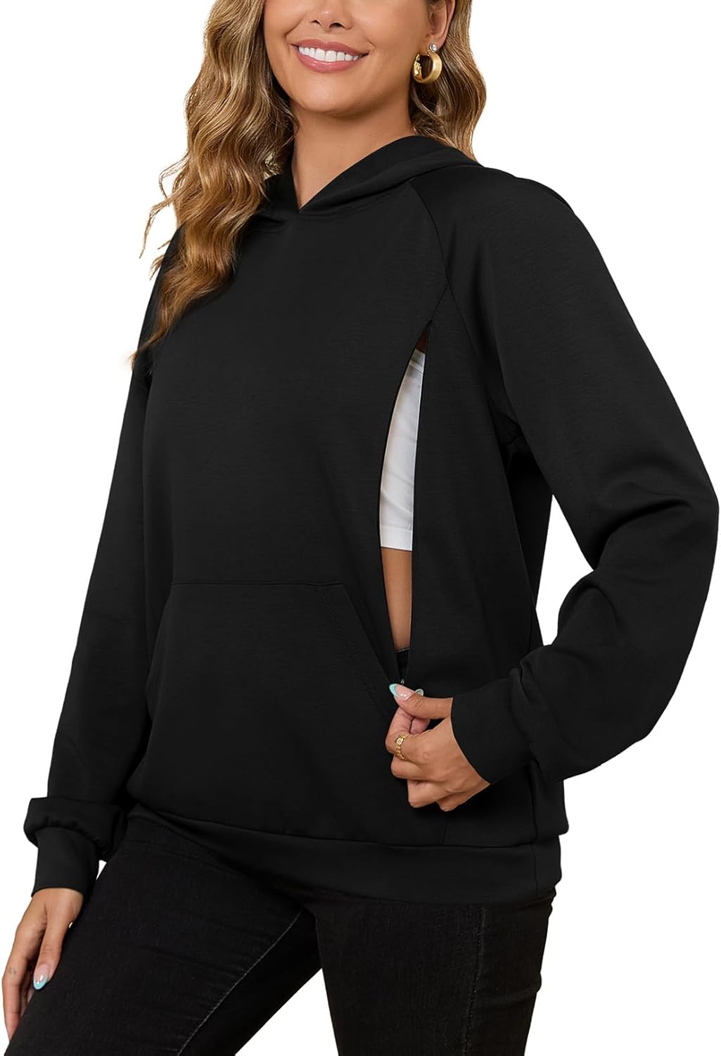 Nursing Sweatshirt Hoodie for Breastfeeding with Hidden Zippers Maternity Breast Pumping Tops Kangaroo Pocket Medium Black
