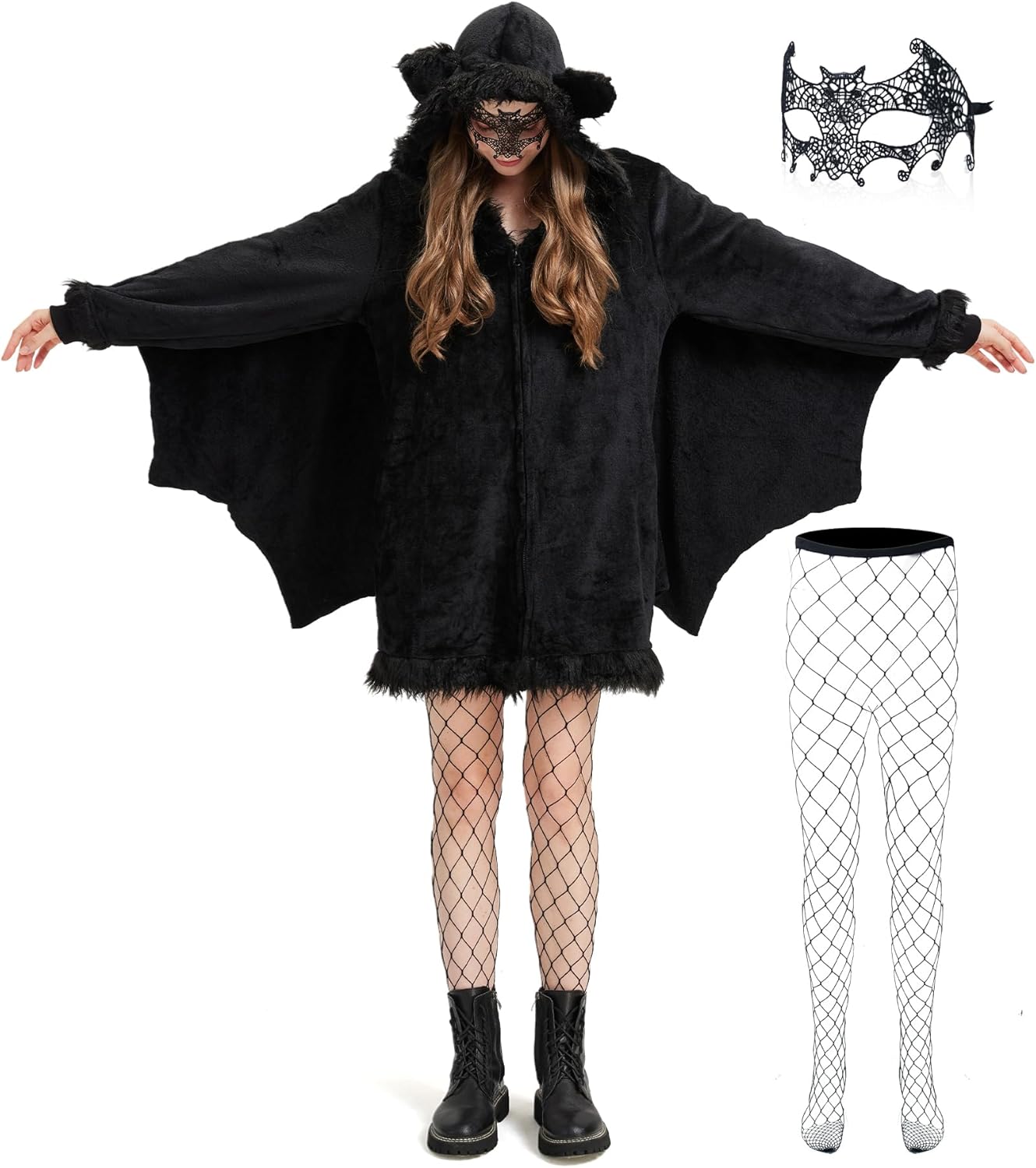 Bat Costume Women Halloween Cosplay - Women's Cute Hooded Bat Wings Dress with Eye Mask & Fishnet Stockings XX-Large