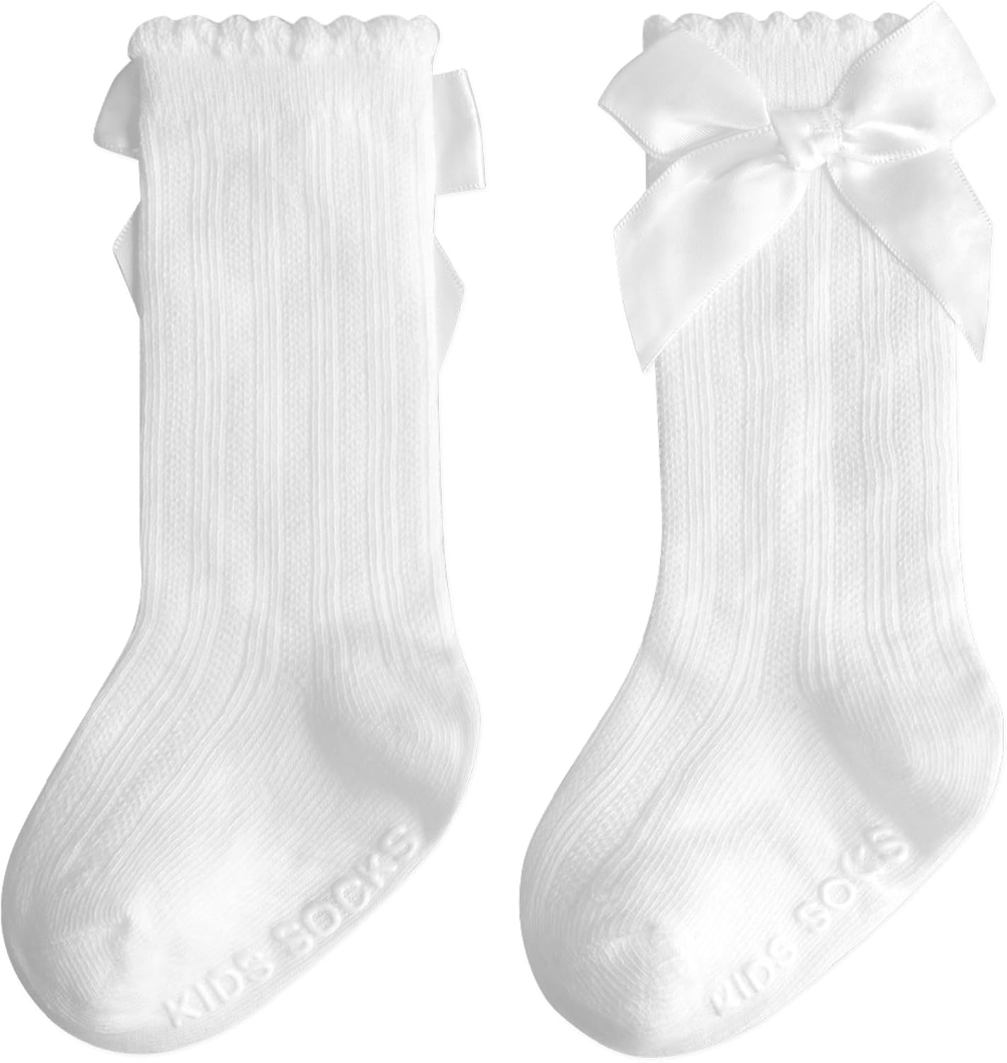 Baby Knee High Socks Girl Non Slip Toddler Stockings Cotton Bow Ruffle Newborn Long Socks Infant Dress Sock 0-6M/6-12M/1-3Y 0-6 Months White