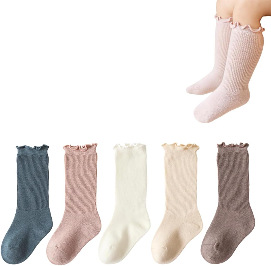Baby Toddler Girls Ruffle Socks Newborn Infant Girl's Knee High Solid Cotton Long Socks 6-12 Months Solid Ruffle-5 Pairs