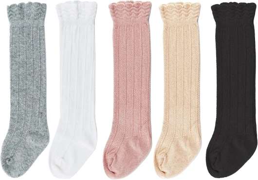 Baby Girls Boys Knee High Socks Cotton Newborn Infants Toddlers Cable Knit Tube Ruffled Stockings, 5 Pairs 0-6 Months Multicolor