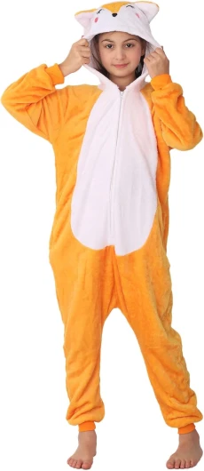 Animal Hooded Costume for Kids Boys Girls Flannel Onesie Halloween Cosplay One Piece Fox L(for height 46-50in)