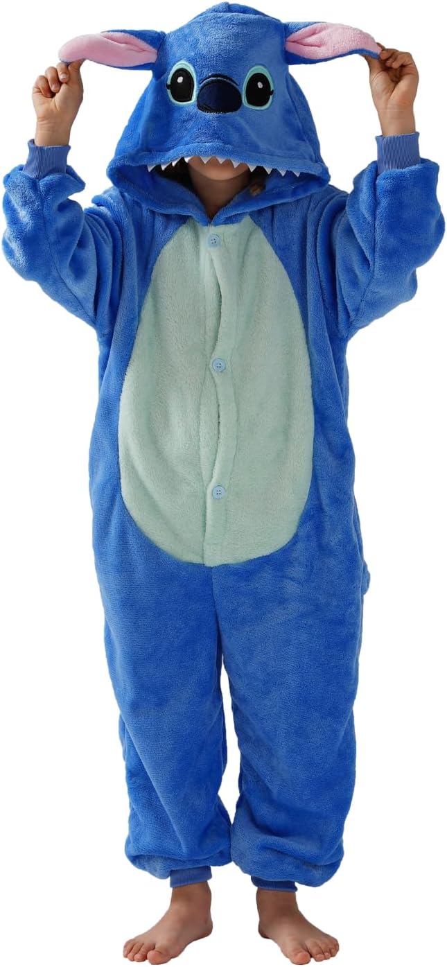 Unisex Children Animal Onesie Pajamas,Kids Flannel Halloween Cosplay Costume/Homewear/Sleepwear Blue-a 7-8 Years