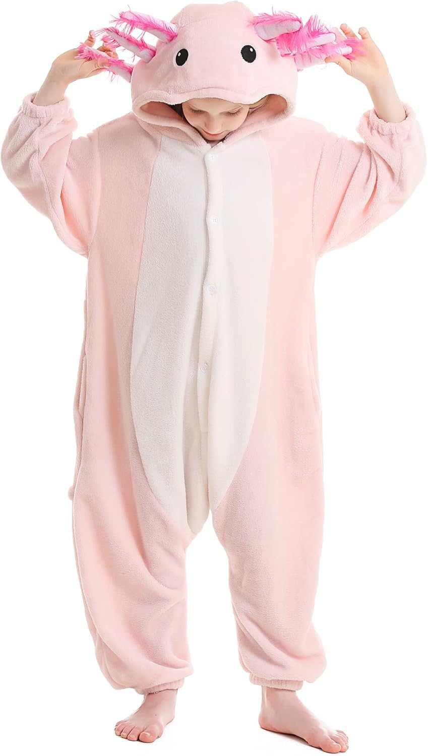 ATOZ Onesie for Kids, Animal Pajamas Halloween Cosplay Costume for Girls Boys Axolotl 8-9 Years