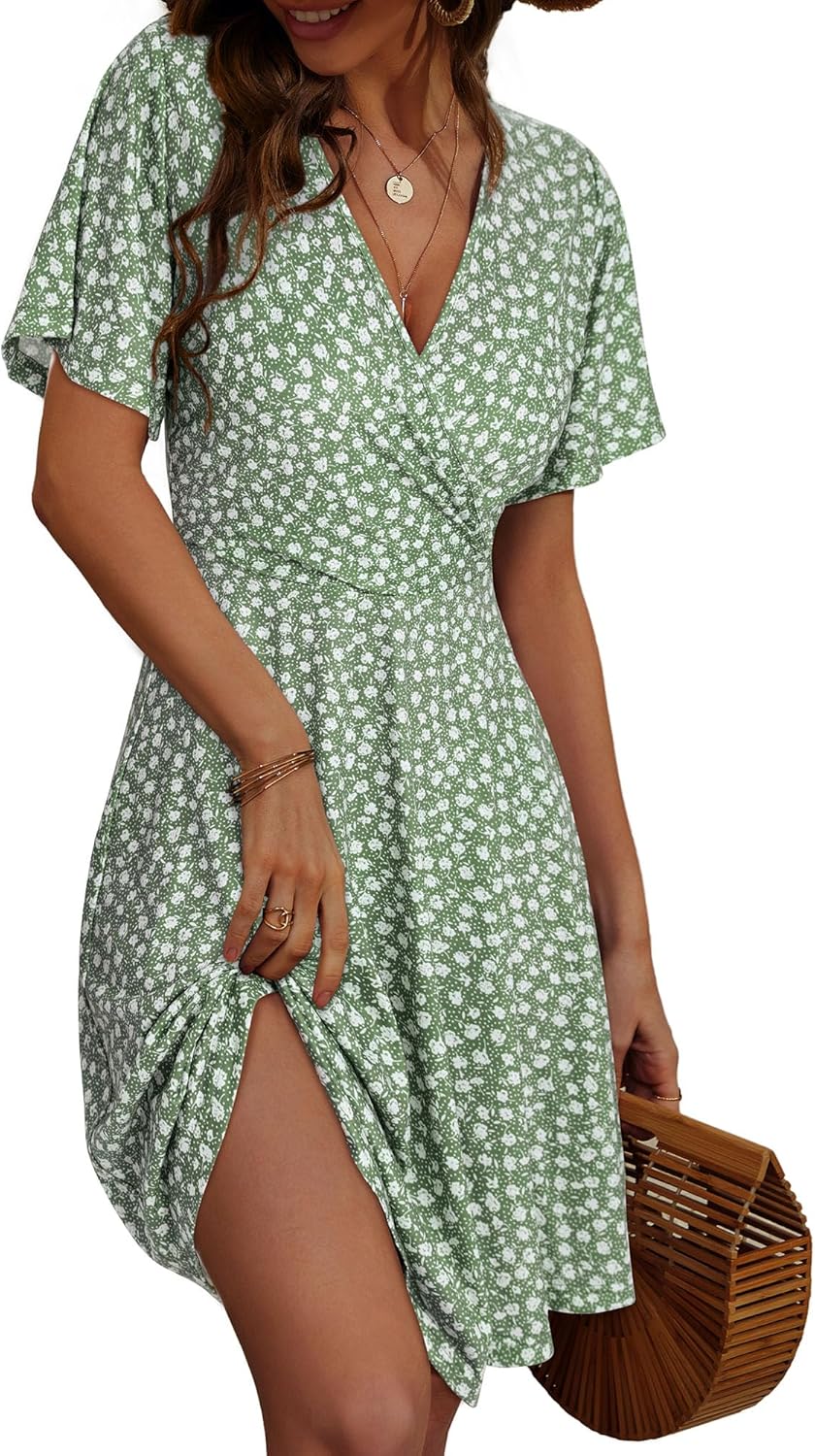 Womens Sundress Summer Floral Short Sleeve Wrap V Neck A-Line Midi Dress Medium Floral-32