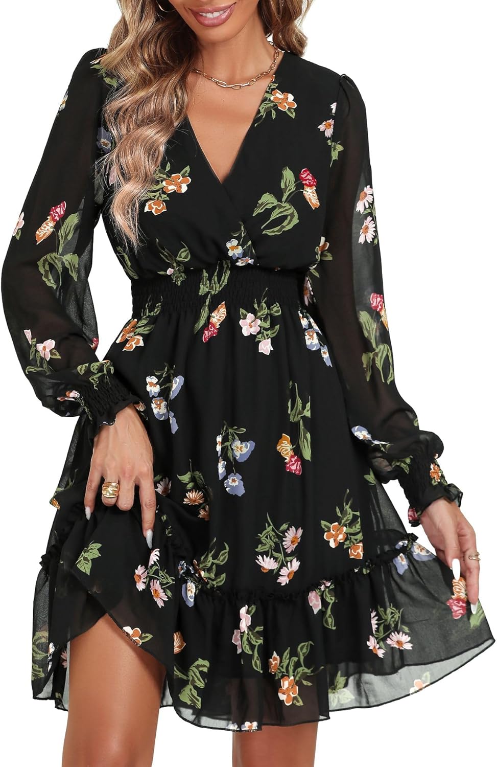 Women's Floral Chiffon Long Sleeve Mini Dress Flowy A-Line Wrap Neck Tie Back Short Dress Large Black