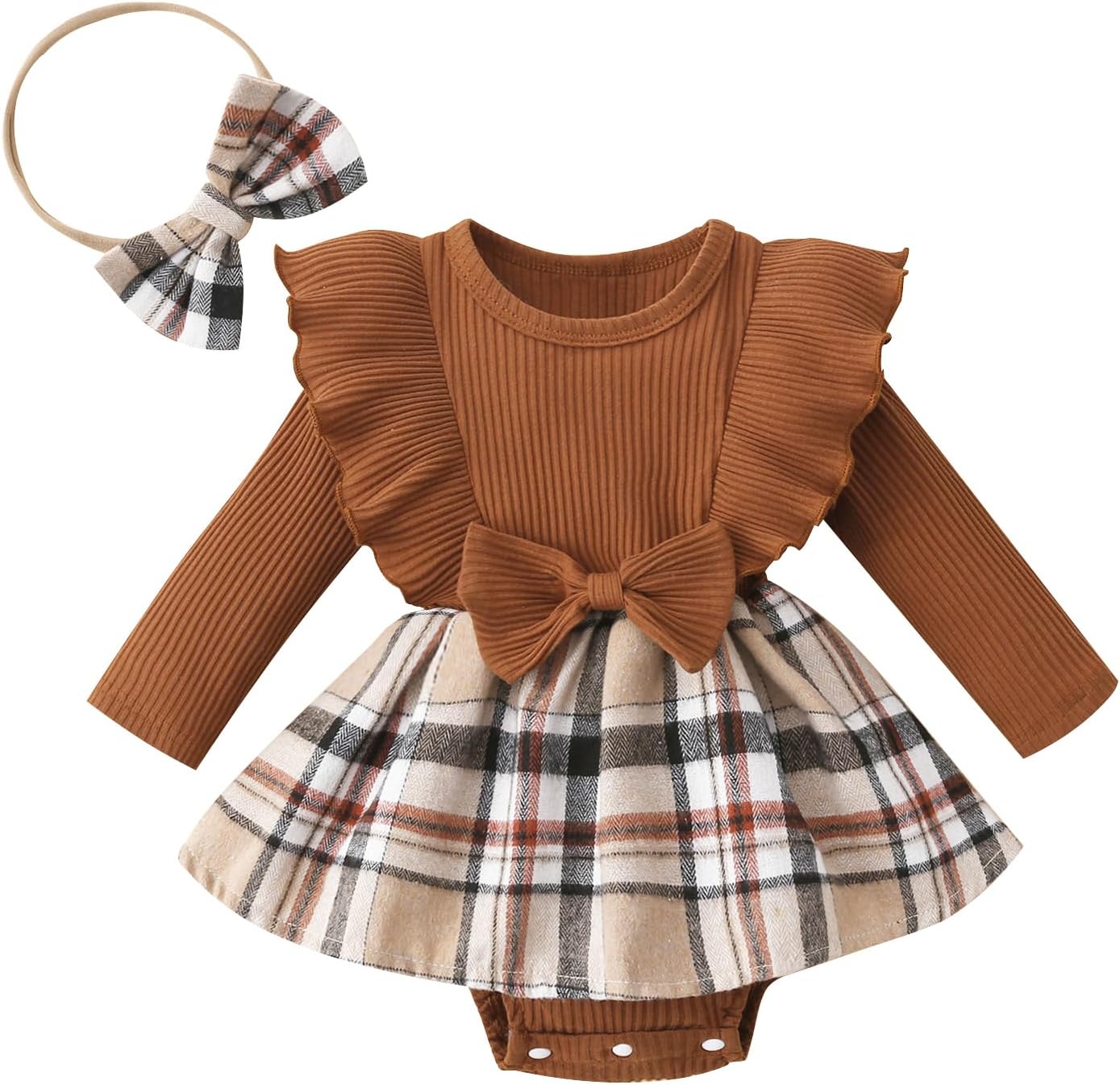 Newborn Baby Girl Fall Winter Outfit Set Plaid Romper Dress Ruffles Long Sleeve Clothes Jumpsuit with Bow Headband 0-3 Months Brown