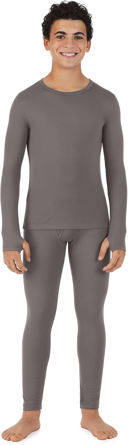 Boys Cold Weather Fleece-Lined Thermal Underwear 2-Piece Set - Kids Long Sleeve Top and Leggings Long Johns Large Graphite