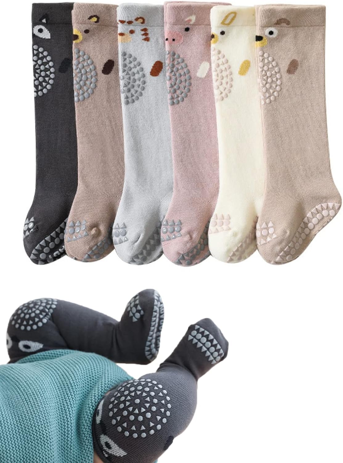 Toddlers Knee High Socks Girl Boy Non Slip with Grips Anti Skid Socks Newborn Infant Indoor Floor Crawling Tube Stockings 1-3T Multicolor