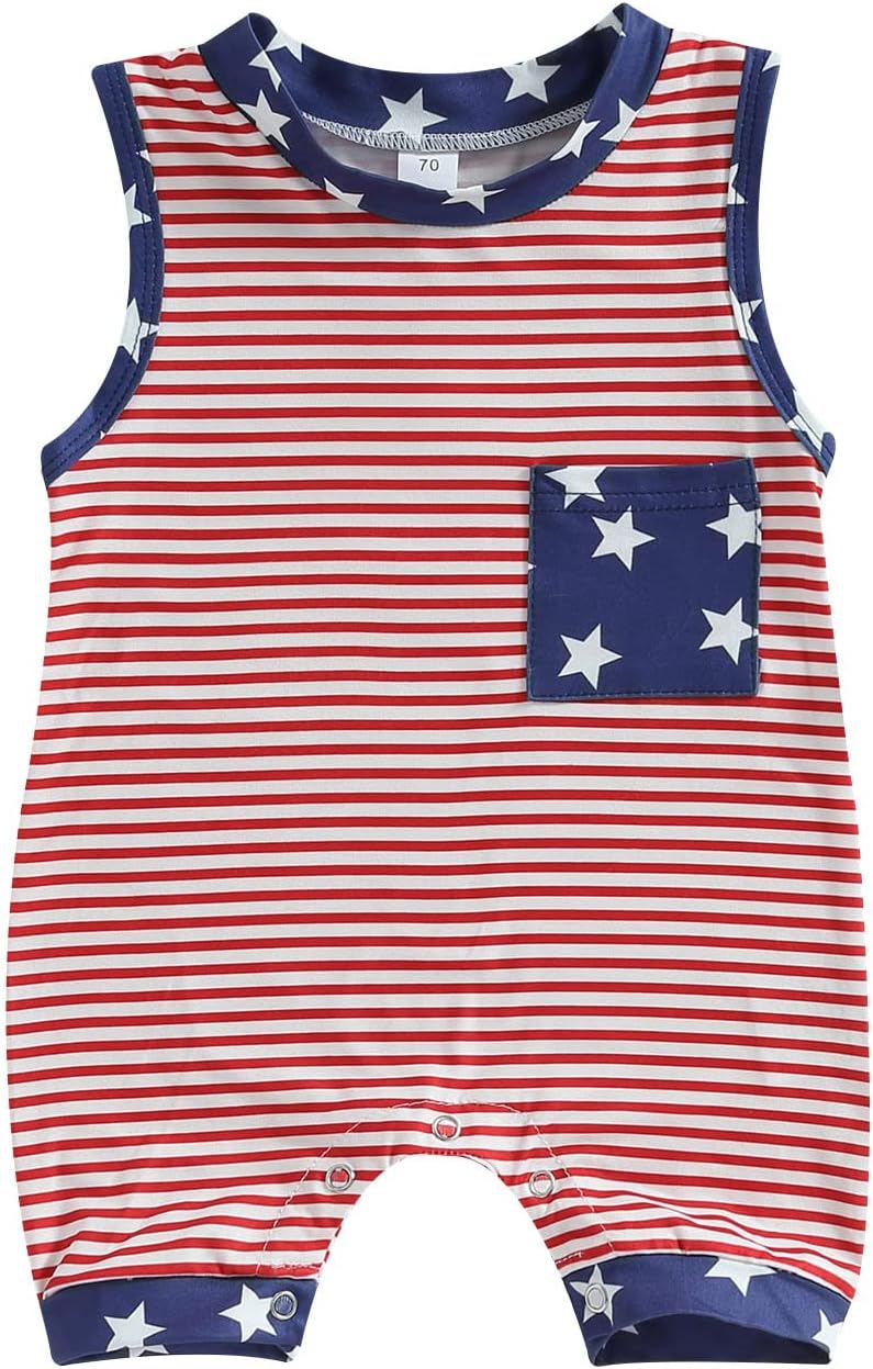 Newborn Baby Boy Girl 4th of July Outfit American Flag Romper Sleeveess Jumpsuit Memoroal Day Patriotic Clothes 0-3 Months Star and Strapes Pocket