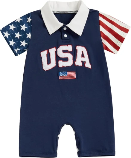 4th of July Baby Boy Clothes Short Sleeve Romper Lapel Jumpsuit Newborn Summer My First 4th of July Baby Boy Outfit Cute Blue 0-3 Months