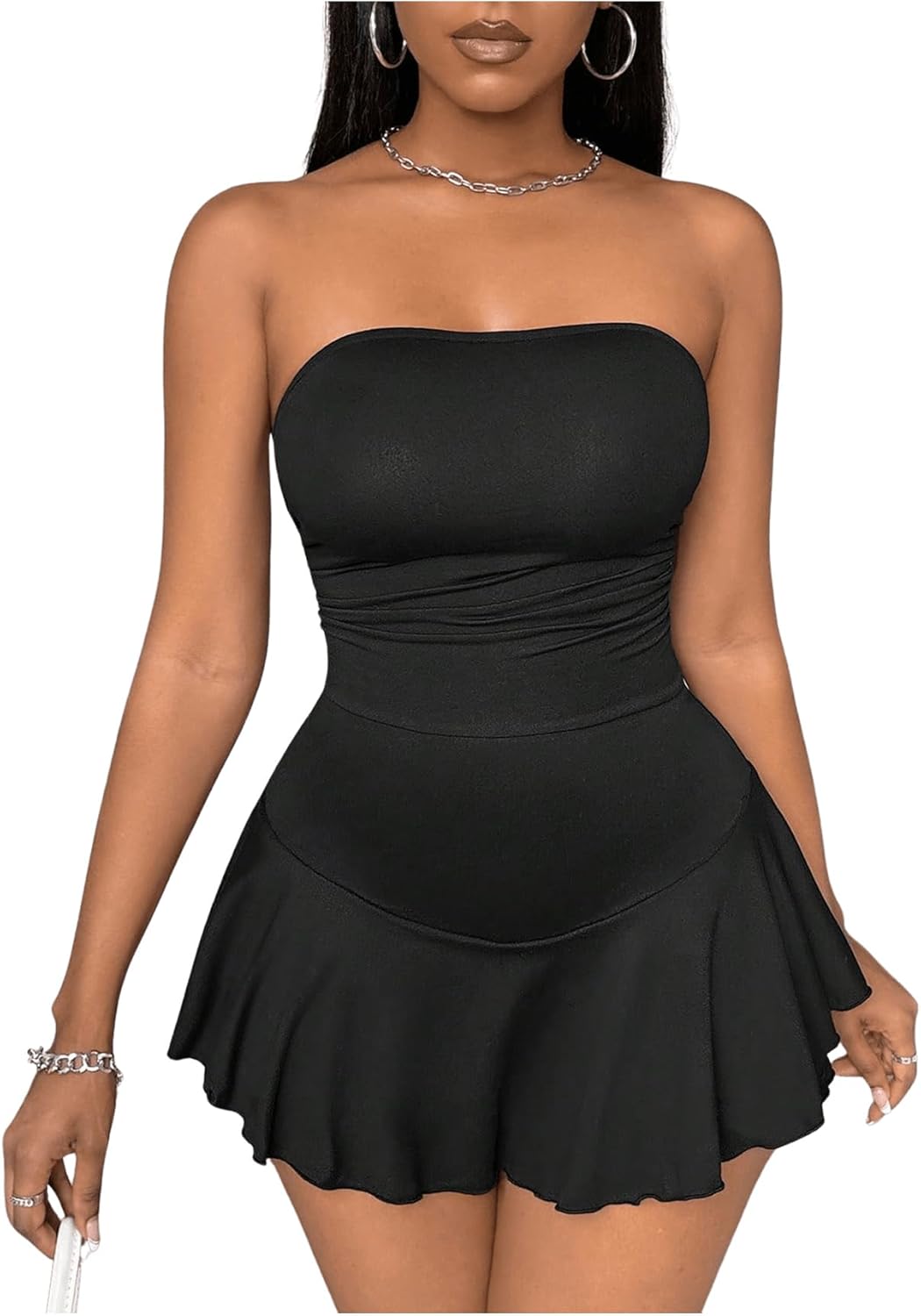 Women's Strapless Tube Romper Ruched Ruffle Unitard Shorts Jumpsuit Medium Black