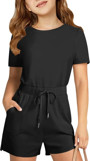 Girls Romper Short Sleeve Drawstring Summer Outfits Kids Casual Short Jumpsuit with Pockets 5-14 Years 10-12 Years Black