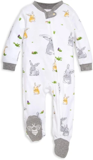 Burt's Bees Baby Baby Girls Pajamas, Zip Front Non-Slip Footed Sleeper Pjs, 100% Organic Cotton Baby Newborn Bunny Trail