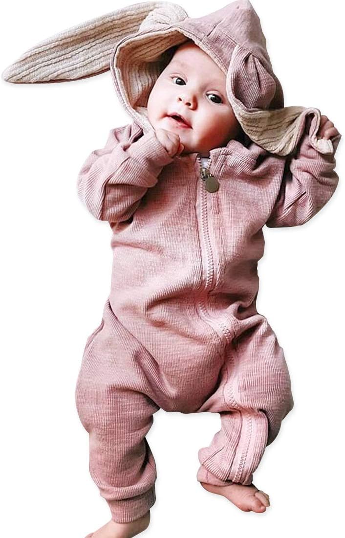 Animal Bunny Baby Easter Romper Long Ear Rabbit Hoodie Romper Jumpsuit with Zipper A-f-pink 3-6 Months
