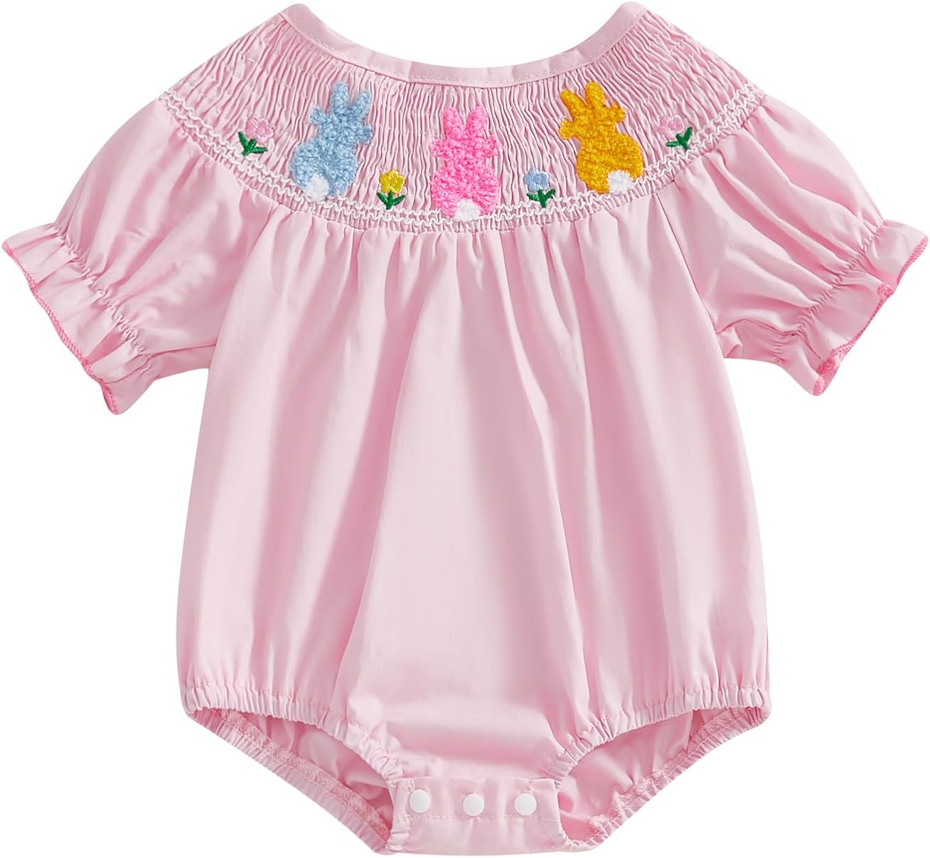 Baby Girl Easter Outfit Infant Smocked Bubble Romper Newborn Short Sleeve Bunny Jumpsuit Toddler Summer Clothes Pink 0-3 Months