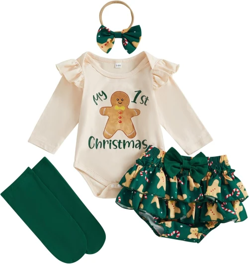 My First Christmas Baby Girl Outfit Long Sleeve Santa/Gingerbread Newborn Infant Romper Skirts Headband Socks Sets Green 0-3 Months