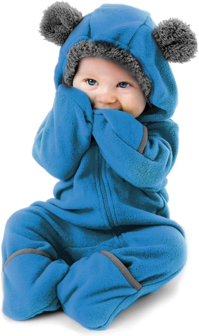 Fleece Baby Bunting Bodysuit with Hood, Convertible Mittens & Booties, Car Seat Friendly, Soft & Warm, Easy Zip 0-3 Months Bear - Blue