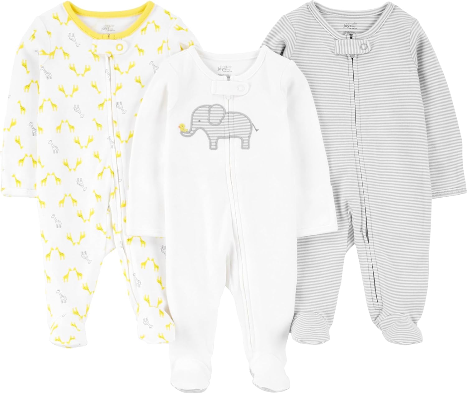 Simple Joys by Carter's Baby 3-Pack Neutral Sleep and Play Preemie Light Grey Mini Stripe/White Elephant/Giraffe
