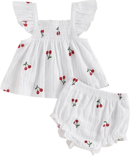 Baby Girl Summer Clothes Cute Ruffle Tops Dress Shorts Outfits Set Infant Toddler Shrit Bloomers Princess Outfit White 12-18 Months