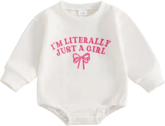 Newborn Baby Girl Outfit Letters Embroidery Sweatshirt Bubble Romper Cute Long Sleeve Bodysuit 6-12 Months White