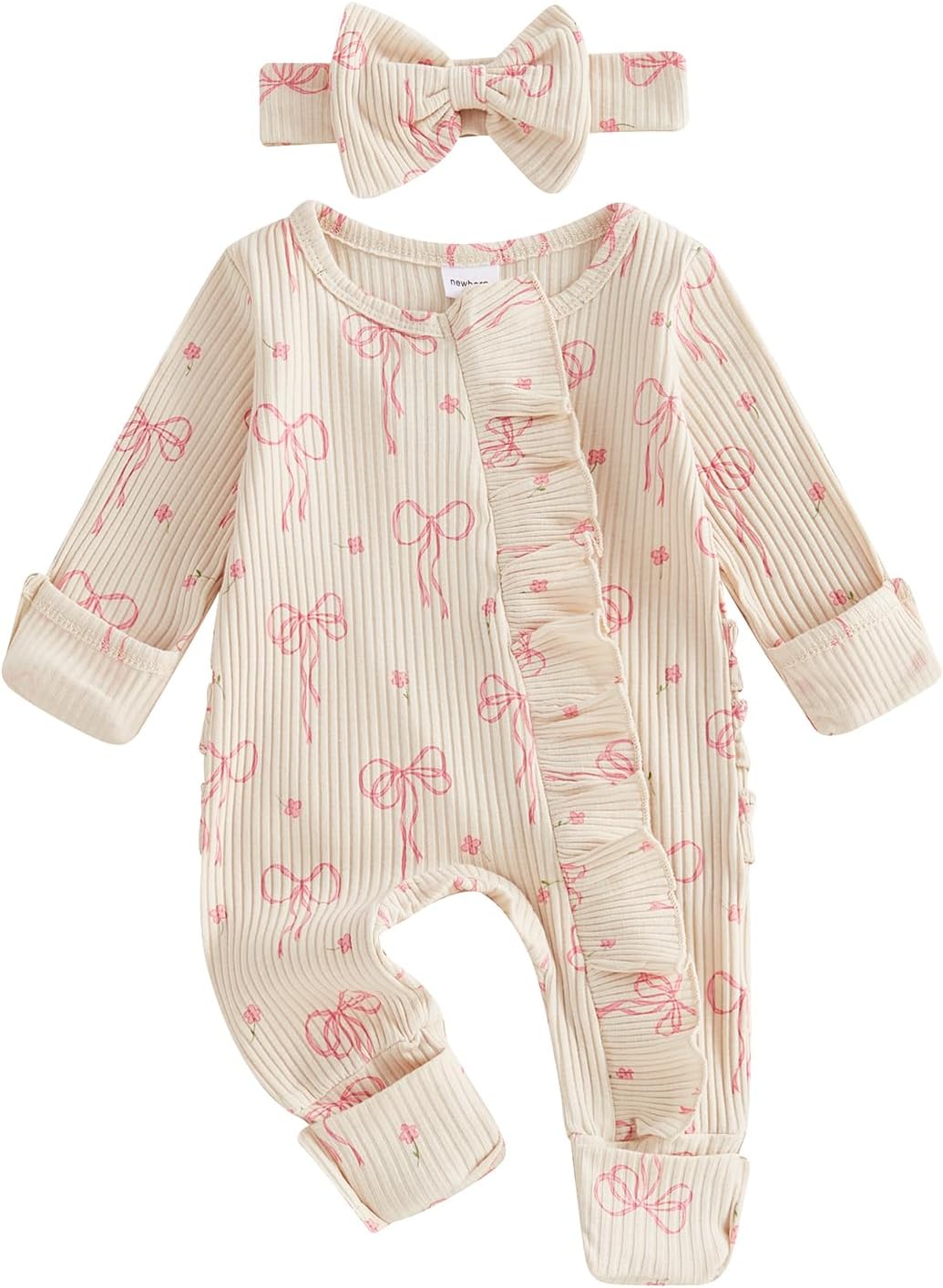 Newborn Baby Girl Coming Home Outfit Ruffle Romper Onesie Cute Ribbed Knit Jumpsuit Winter Clothes and Headband 0-3 Months Sweet Bow Cream