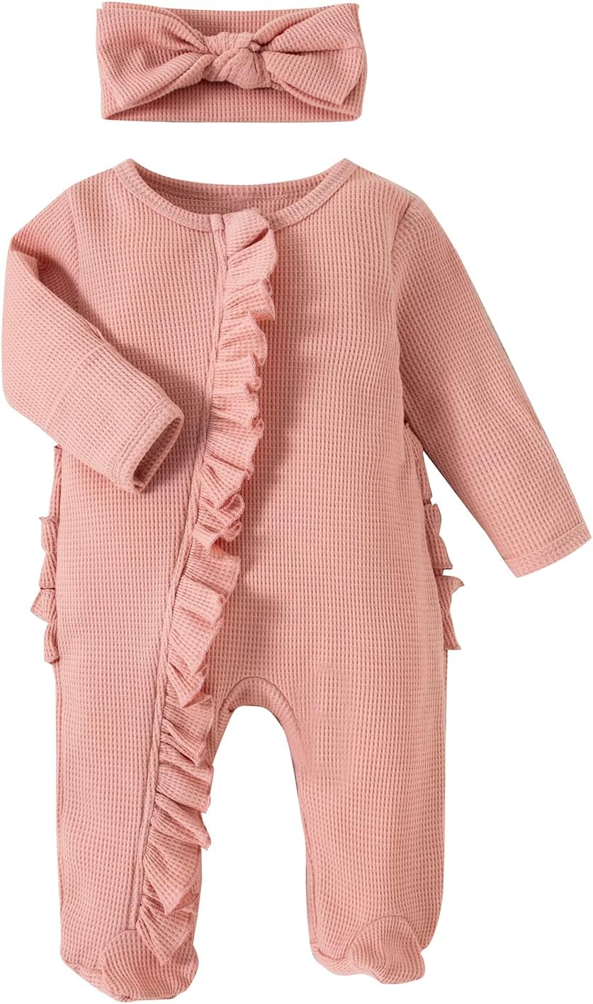 Baby 3 6 Months Girl Clothes Newborn Onesie Ruffle Long Sleeve Ribbed Romper Jumpsuit One Piece Hospital Outfit Pink Newborn