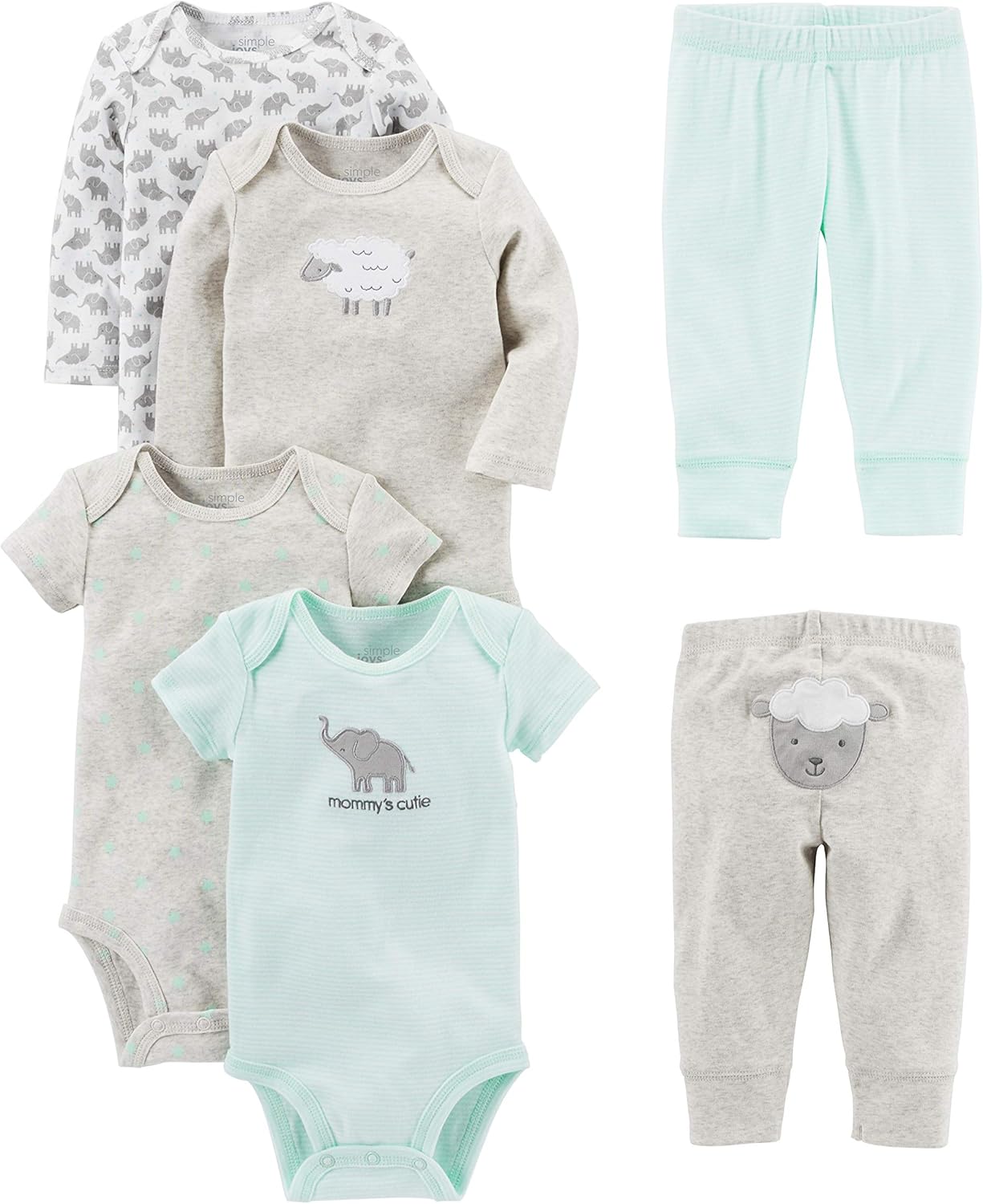 Simple Joys by Carter's unisex-baby 6-piece Bodysuits (Short and Long Sleeve) and Pants Set Newborn Grey/Mint Green/Elephant/Lamb