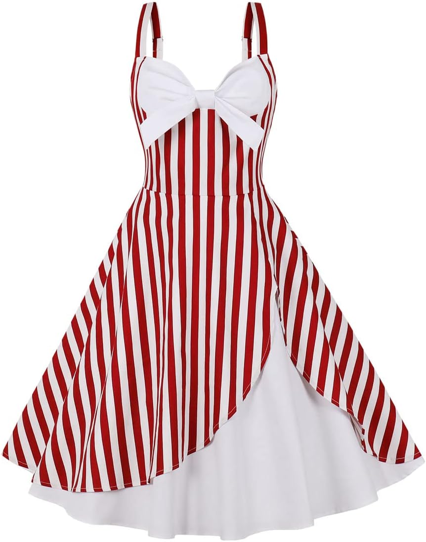 Women 50s Vintage Polka Dot Halter Cocktail Swing Dress Buttons Floral 1950s Rockabilly Audrey Hepburn Prom Tea Party Dress XX-Large White Red-stripes
