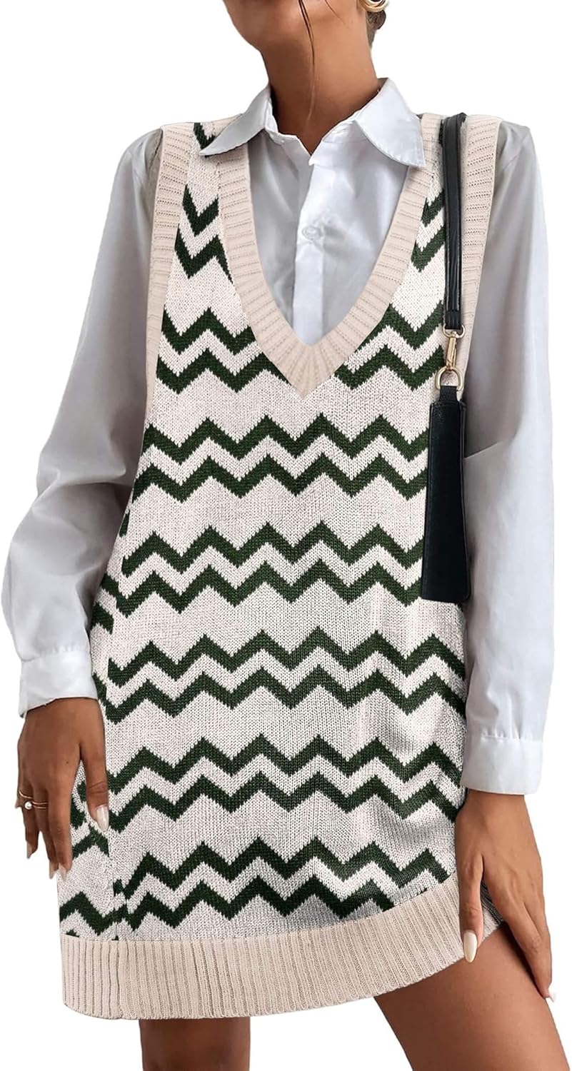 Women Sweater Dress Oversized V Neck Sweaters 2025 Knitted Pullover Vest Dress with Pockets Green Stripe Small