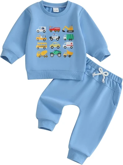 Baby Boy Fall Winter Clothes Toddler Kids Solid Outfits Vehicle Long Sleeve Sweatshirt Tops + Joggers Pants Set 2-3T Blue