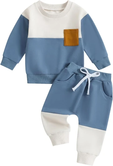 Toddler Baby Boy Fall Winter Clothes Color Block Long Sleeve Sweatshirt Pullover Tops + Joggers Pants Outfit Set Blue White 18-24 Months