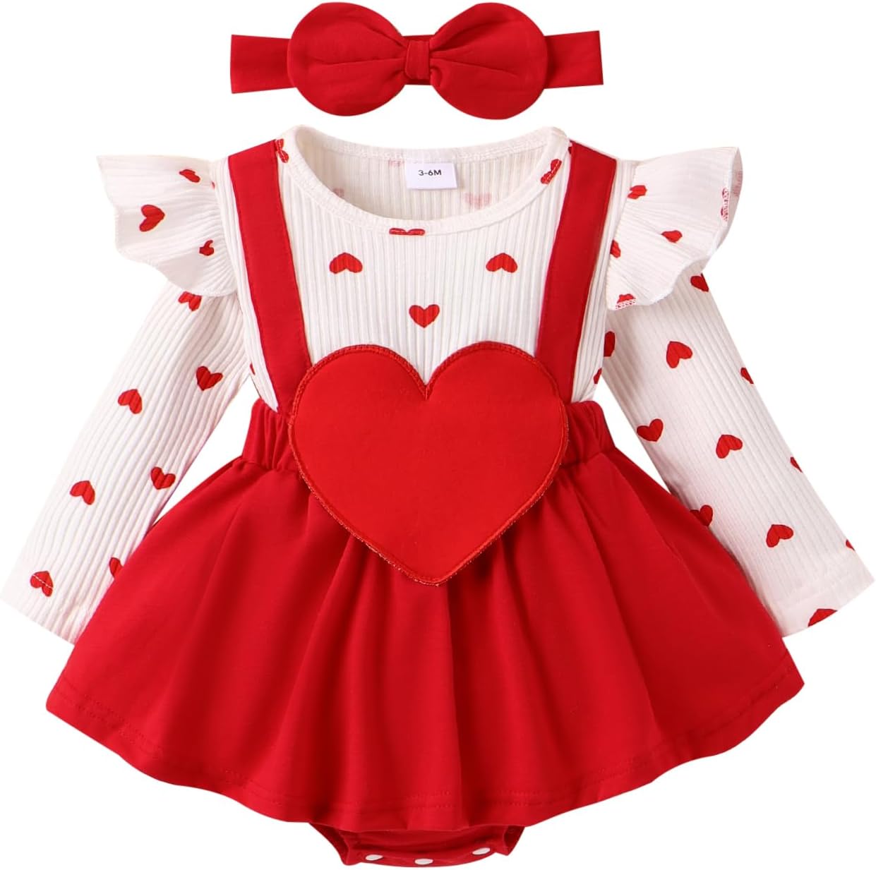 Valentine Baby Girl Outfit Heart Print Ribbed Long Sleeve Newborn Valentines day Romper Dress Headband Set White 3-6 Months
