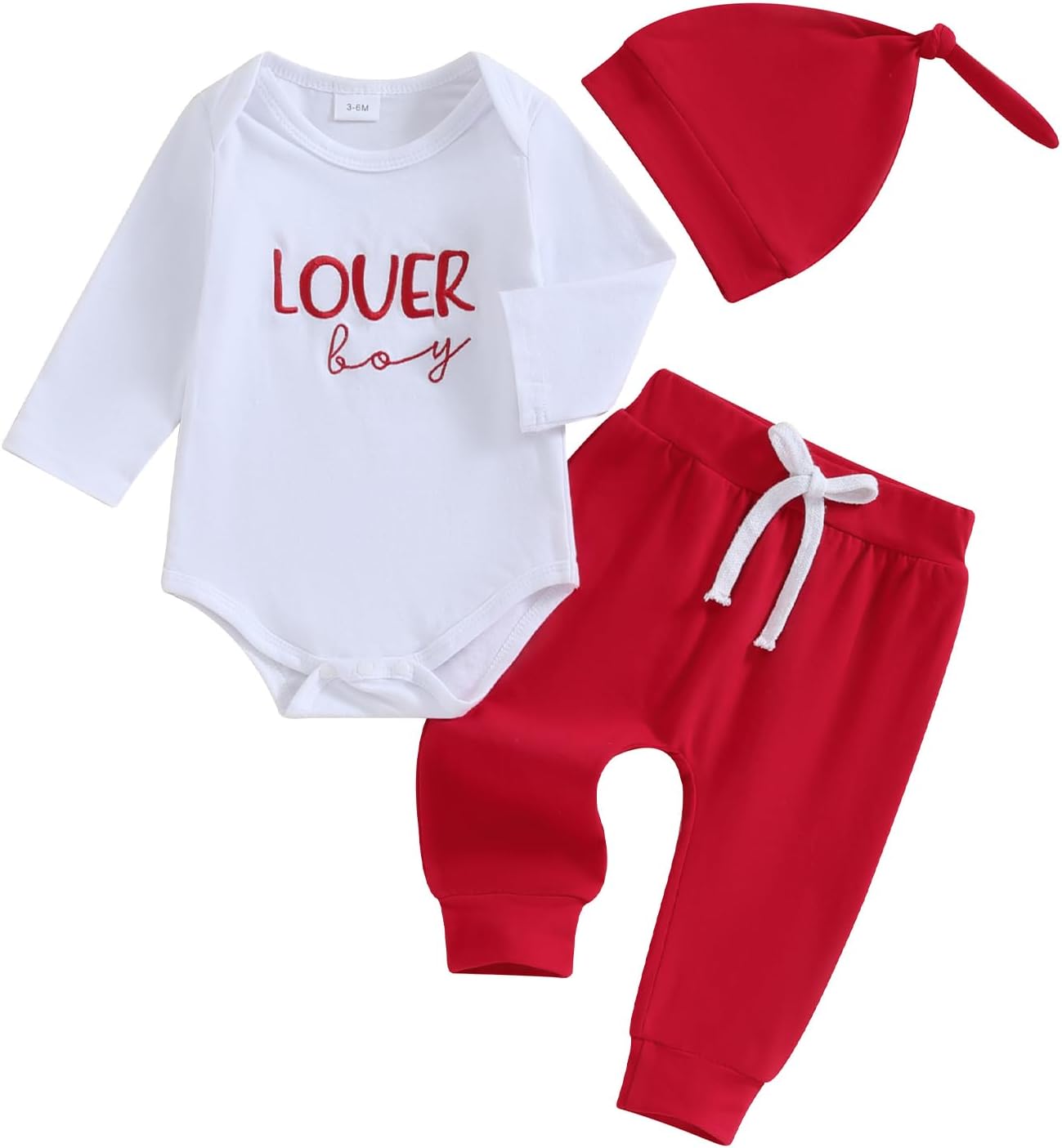 My First Christmas Baby Boy Outfit Newborn Santa Baby Romper Bodysuit+Striped Pants+Hat Infant Clothes Set 0-3 Months Lover Boy Embroidered Red
