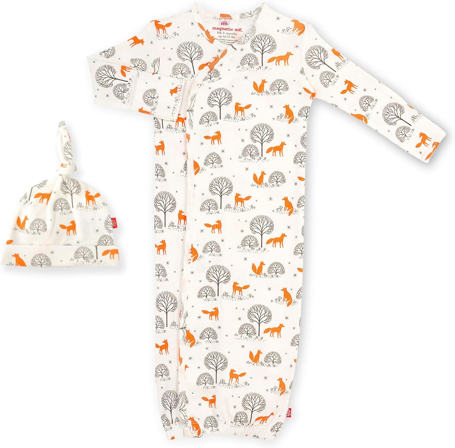 Organic Cotton Newborn Sleeper Gown & Hat Set - Super Soft Organic Cotton Fabric Sleep Sack NB-3M (5-12 Lbs) Friendly Fox