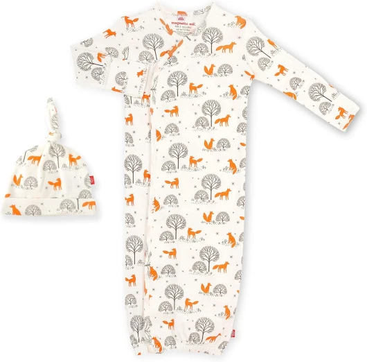 Organic Cotton Newborn Sleeper Gown & Hat Set - Super Soft Organic Cotton Fabric Sleep Sack NB-3M (5-12 Lbs) Friendly Fox