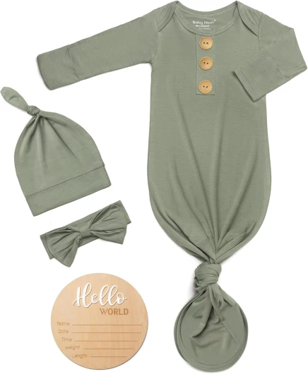 Soft Baby Knot Gown 0-3 Months, Newborn Announcement Sleepers With Mitten Cuffs and Personalized Wooden Name Tag Armygreen Newborn