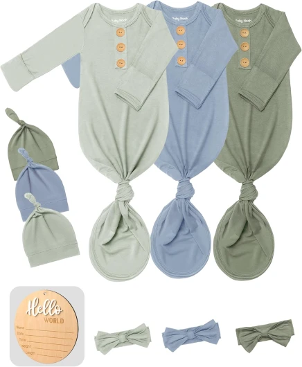 3 PK Baby Knotted Gowns Set with Mittens, Hats, Headbands & Wooden Name Tag for Breathable Newborns Going Home Outfit Grayish Green + Serenity Blue + Light Tea Green Newborn