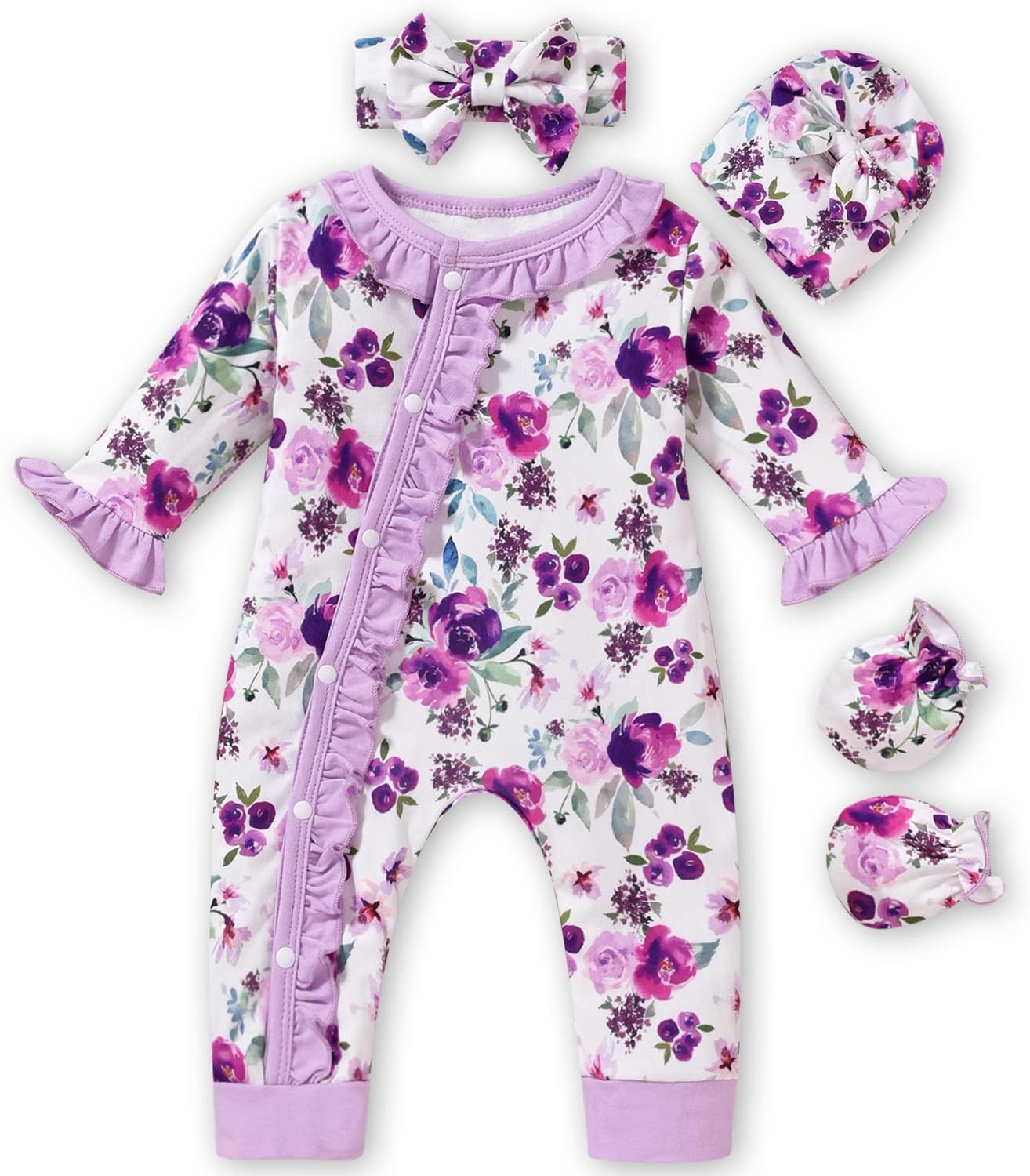 Baby Girls Romper Outfit Fall Winter Clothes with Accessories Floral Purple Newborn