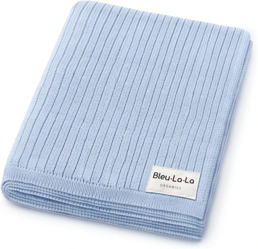 Organic Ribbed Swaddle Blanket for Boys & Girls - 100% Luxury Organic Soft Cotton Knit Warm Cozy Cuddle Stroller Blanket for Newborns, Infants, & Toddlers (Sky Blue)