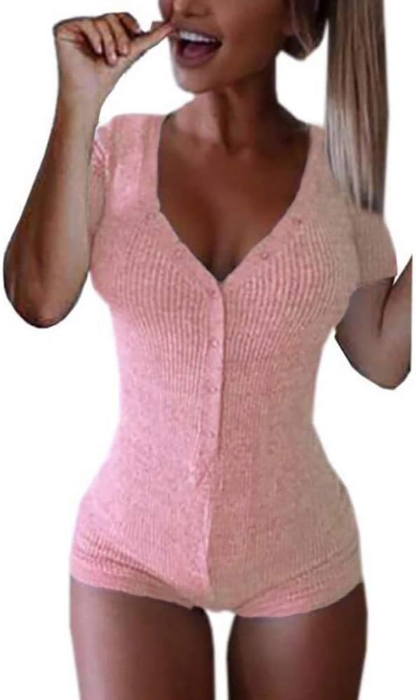 Women's Sexy Deep V Neck Shorts Short Sleeve Knitted One Piece Bodysuit Sexy Pajama Onesie Bodycon Rompers Overall Short Sleeve-pink Large