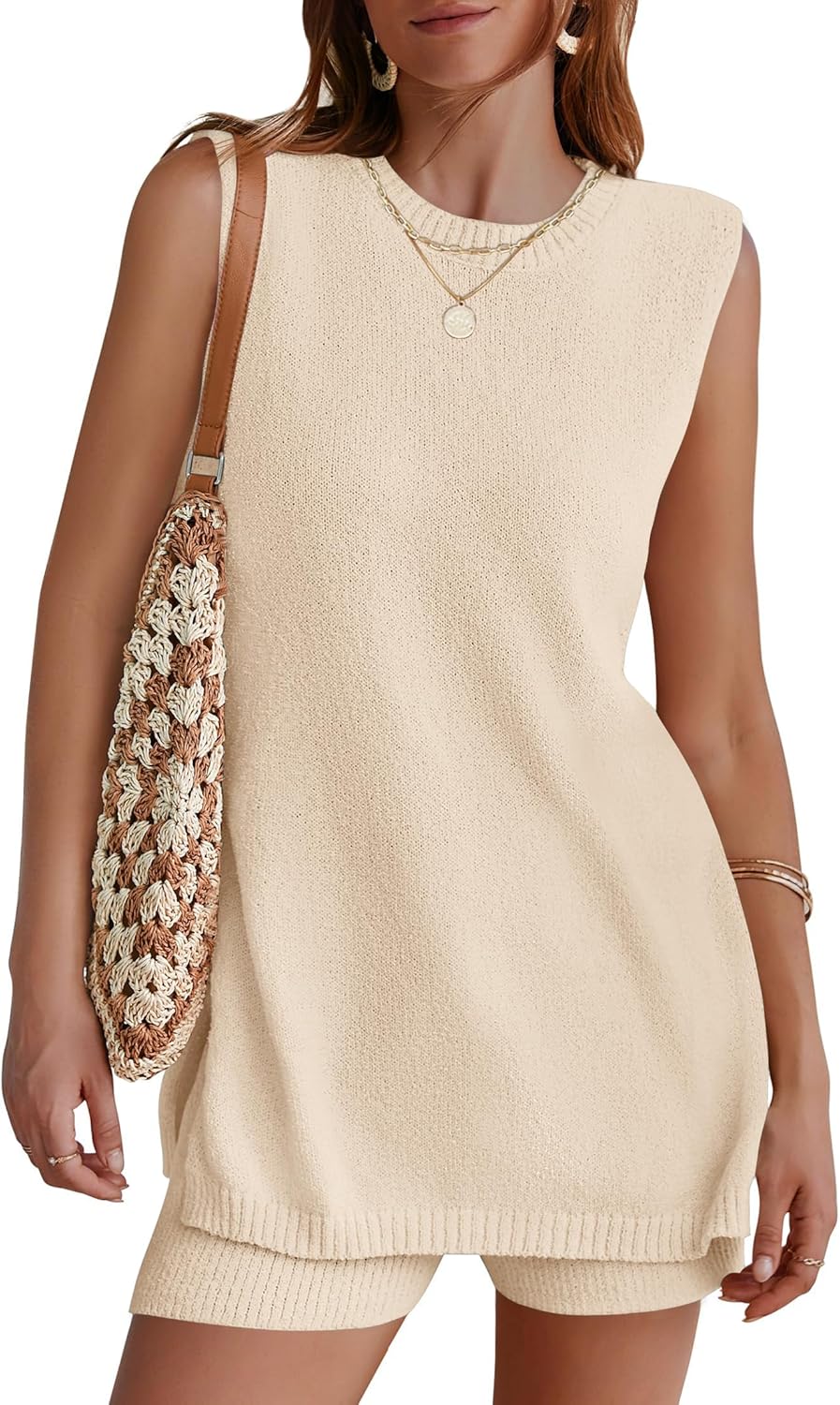 Women's Summer Sleeveless Sweater Lounge Sets Casual Loose Fit Tunic Tops and Shorts 2 Piece Vacation Outfits Beige Small