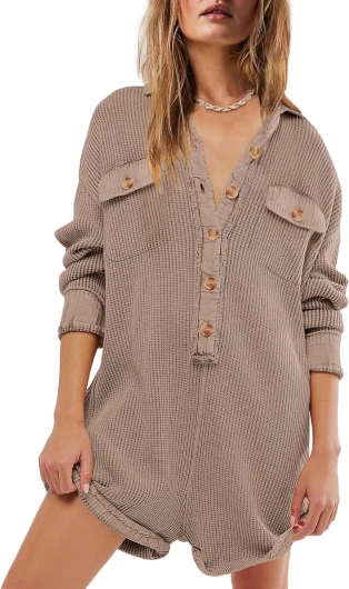Womens Waffle Knit Rompers Oversized Button Down Short Jumpsuit V Neck Long Sleeve Overalls with Pocket X-Large Light Khaki
