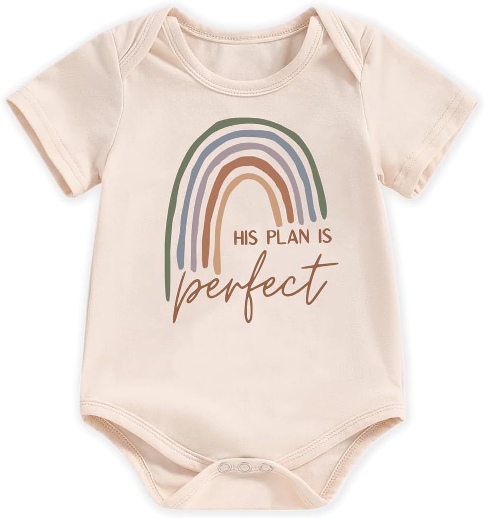 Newborn Infant Baby Boys Girls Bodysuit Short Sleeve Funny Letters Print Romper Reveal Pregnancy Announcement Clothes 0-3 Months Beige His Plan is Perfect