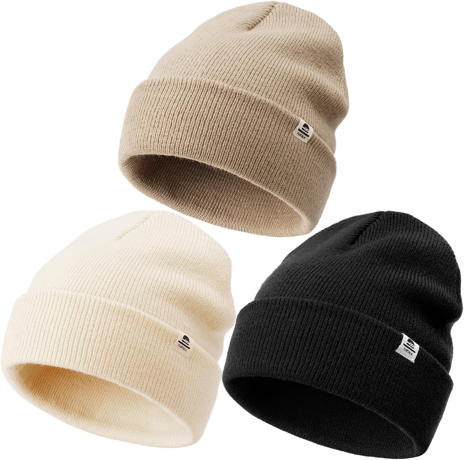 Baby Beanie Knit Winter Hats 3 Pack for Infant Toddler Kids Skull Caps 6-36 Months Black+light Khaki+beige